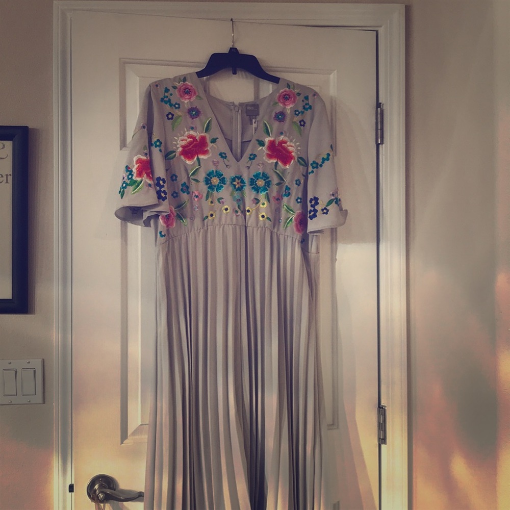 Asos Maternity pleaded embroidered maxi dress.